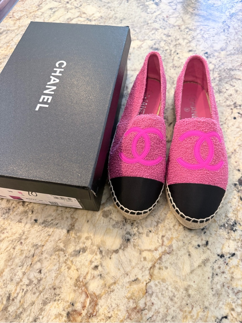 CHANEL Pink Bouclé Espadrilles with Black Cap Toe